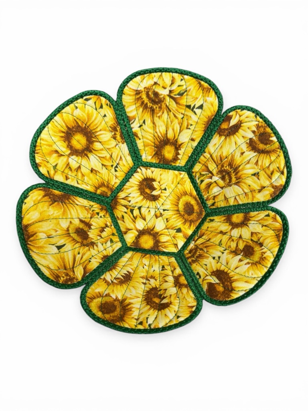 Hand Crafted Basket Bowl Quilted 8” round x 3” tall Sunflower with Green Trim - Picture 5 of 10